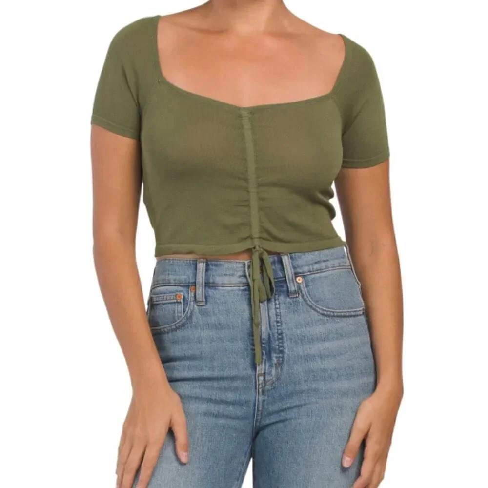 MANGO WOMEN Ruched‎ Short Sleeve Square Neck Cropped Tee - Size M - Green - NWT